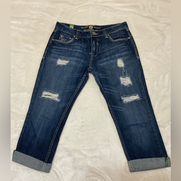 Velvet Heart Denim - Velvet Heart Distressed Dark Blue Cropped Boyfriend Jean Size 28